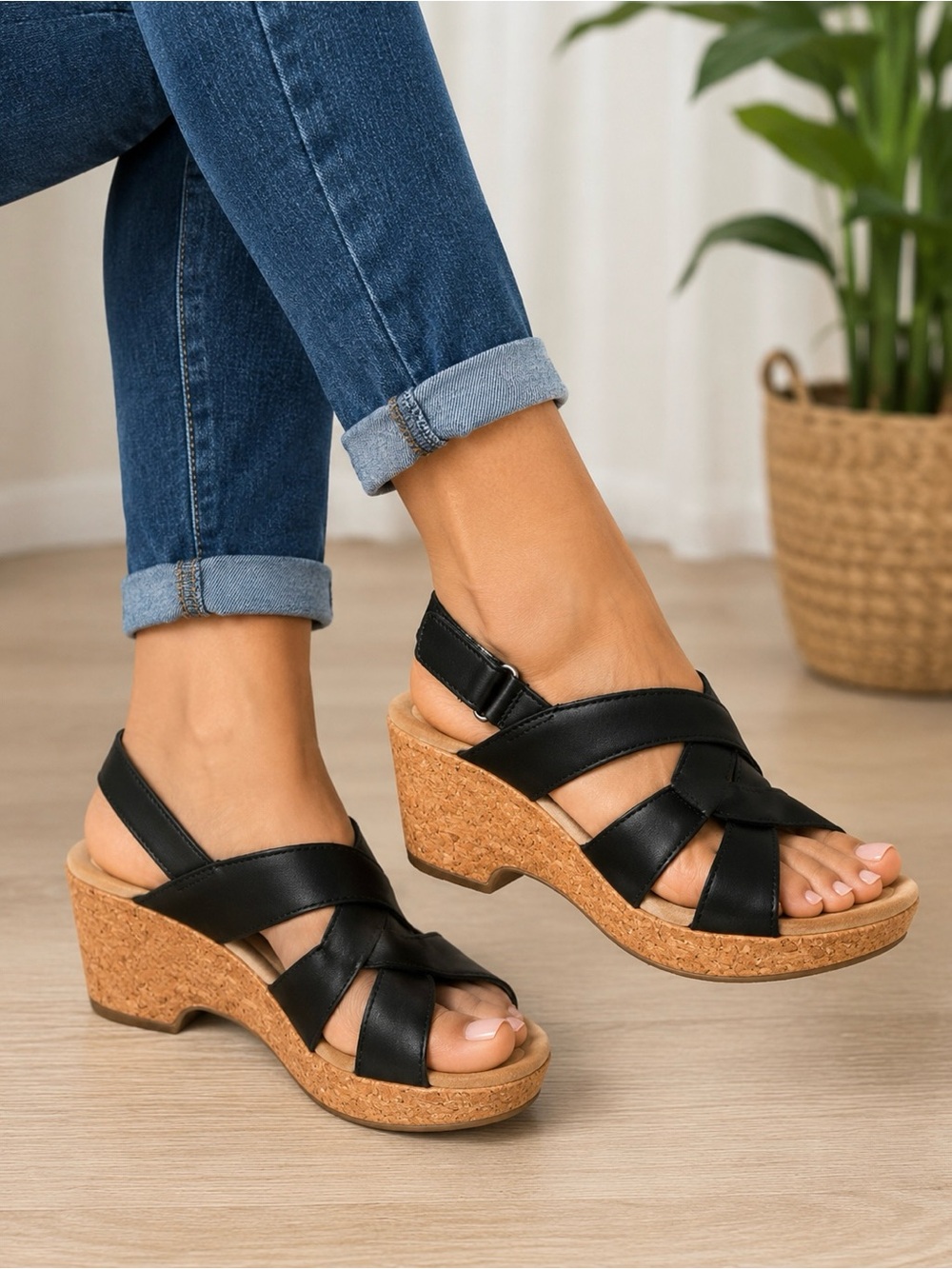 Clarks Black Leather Cork Wedge Sandals